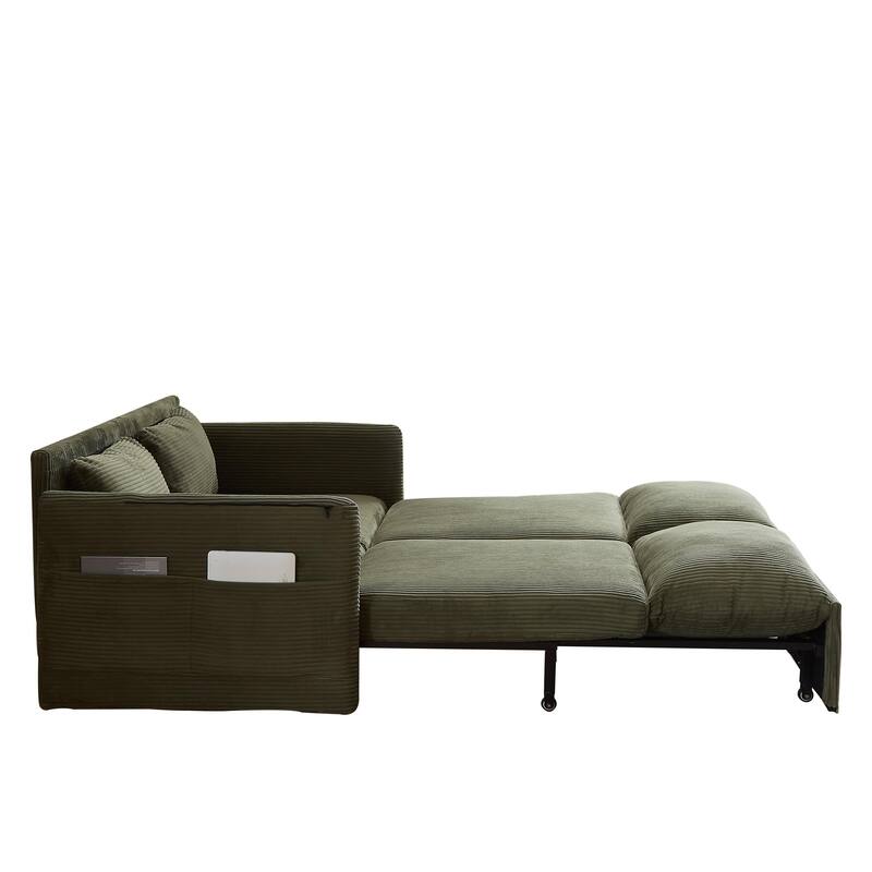 65" Corduroy 2-Seater Sleeper Sofa, 3-in-1 with Storage and Side Pocket