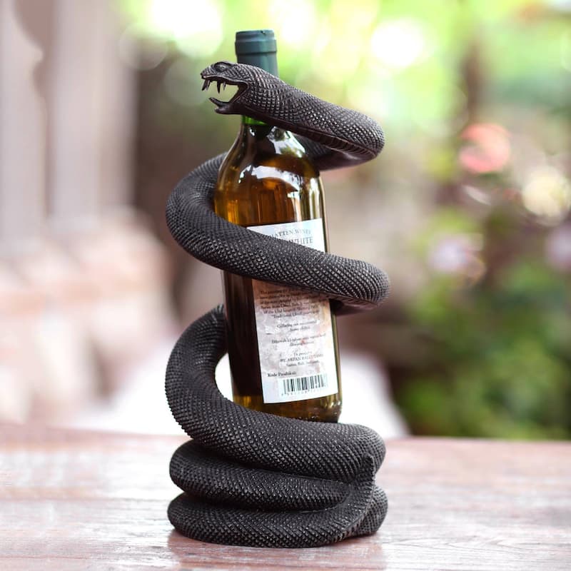 Novica Handmade Snake Embrace Wood Bottle Holder