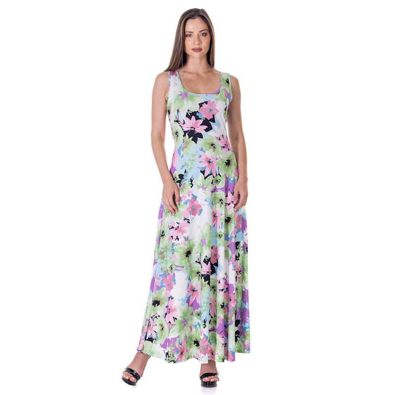 24seven Comfort Apparel Womens Pastel Floral Scoop Neck A Line Sleeveless Maxi Dress - Green/White - M
