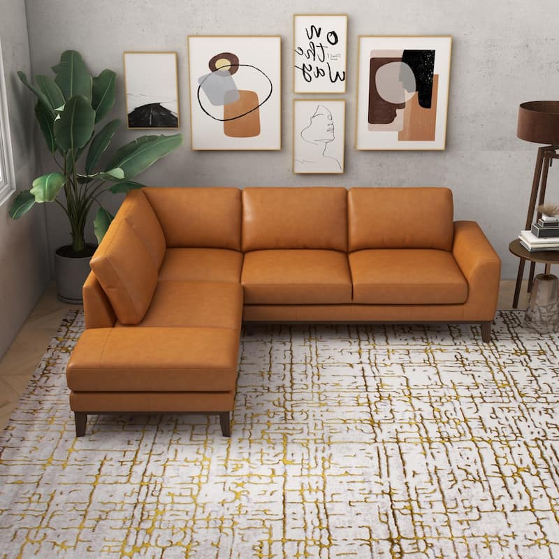 Miamo Mid Century Living Room Top Leather Corner Sectional Sofa - Tan - Left Facing