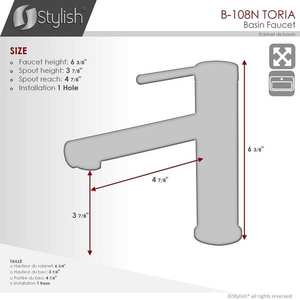 dimension image slide 0 of 3, STYLISH Stainless Steel Single Handle Single Hole Bathroom Faucet - Faucet Height: 6 3/8" Spout Height: 3 7/8"