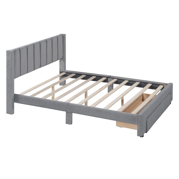 Gray Full Size Velvet Upholstered Platform Bed Frame with