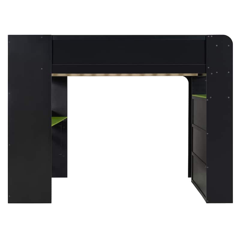 Full Size Esports Loft Bed, Built-In Gaming Station with Adjustable Desk, Wardrobe, Book Shelves, USB Port & RGB Strip Lighting