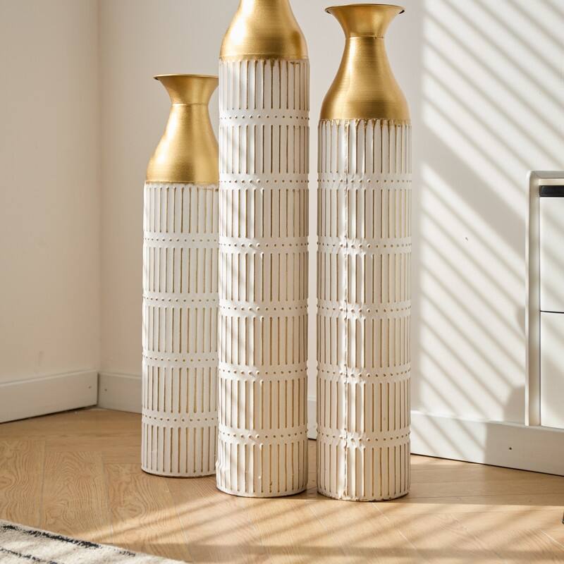 Set of 3 Tall White & Gold Metal Cylinder Vases - Glam Geometric Floor Vases for Modern Home Decor (24", 28.7", 33.4" Heights)