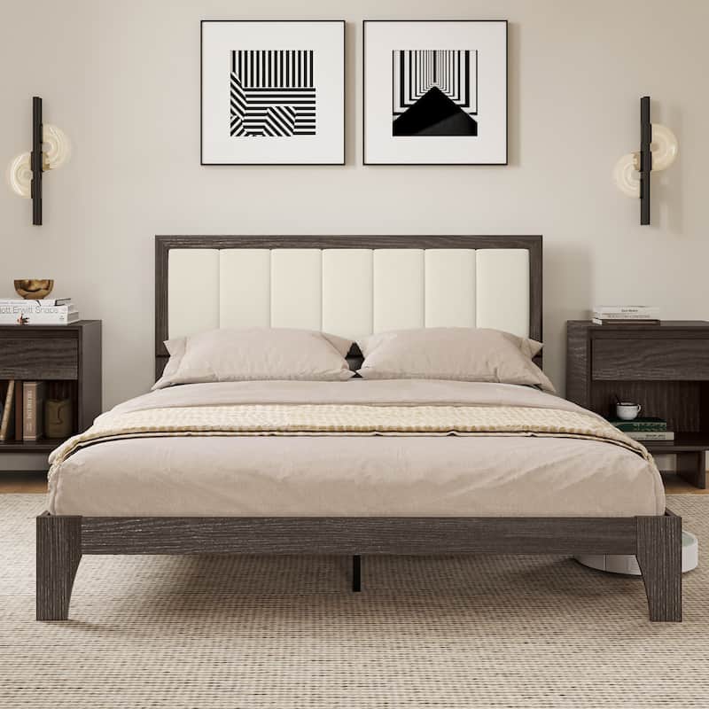 HOMCOM Queen Size Bed Frame with Upholstered Headboard, Platform Bed Frame with Wooden Slats, No Box Spring Needed - Walnut