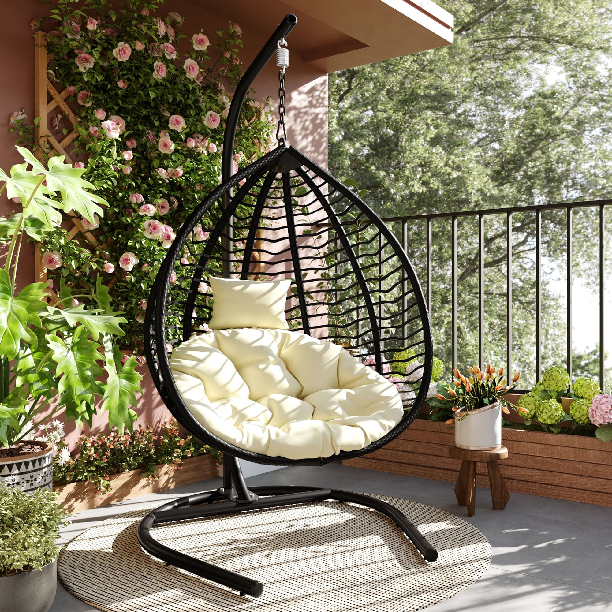 Foldable Rattan Hanging Hammock Chair with Stand and Plush Cushion for Indoor and Outdoor