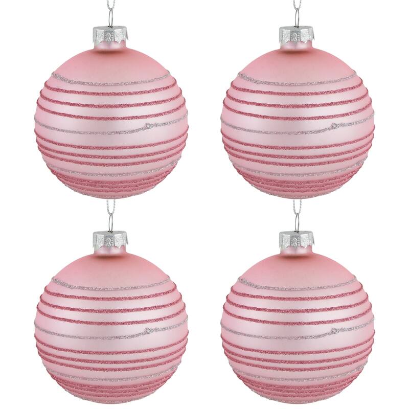 Glitter Striped Glass Christmas Ball Ornaments - 3" (80mm) - Pink - 4ct