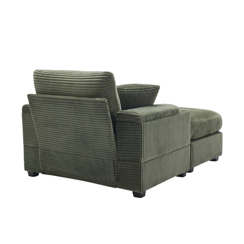 Corduroy Upholstered Chaise Lounge with Movable Ottoman, Living Room Storage Sofa Chair with Cup Holder, Detachable Cushions