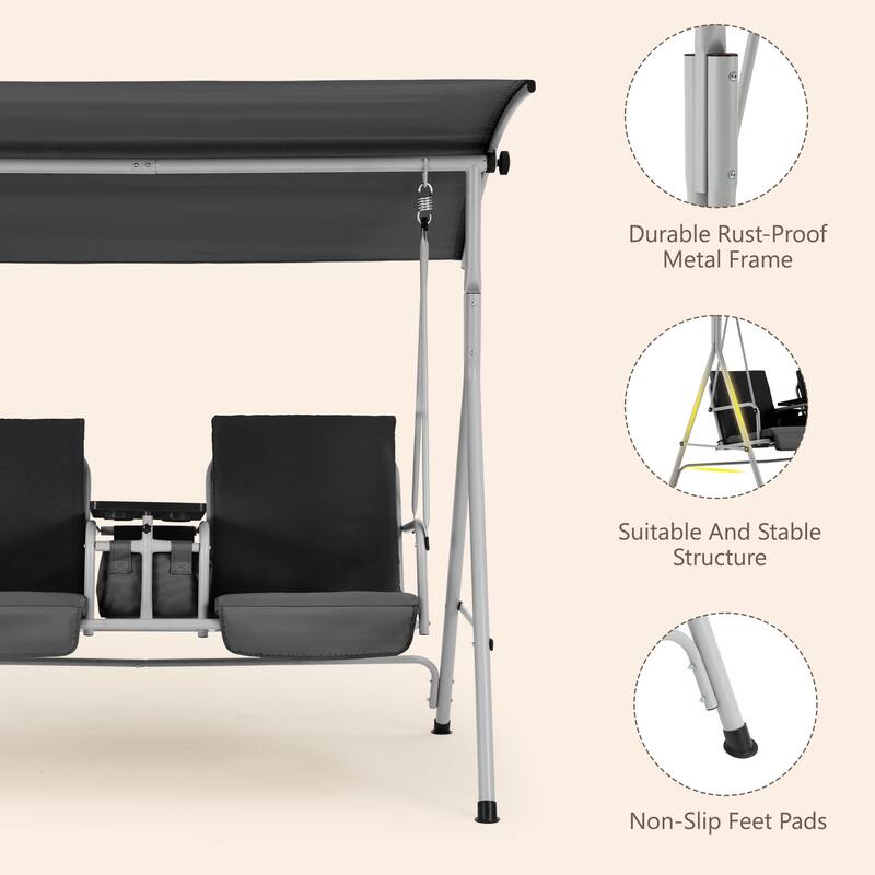 Outdoor Swing with Stand, Canopy, Pivot Table & 2 Cup Holders - Patio, Balcony, Bedroom