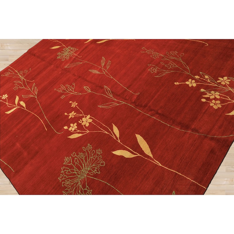 8x10 Hand Knotted Wool & Silk Red Transitional Floral Tibetan Rug - 8' x 10'