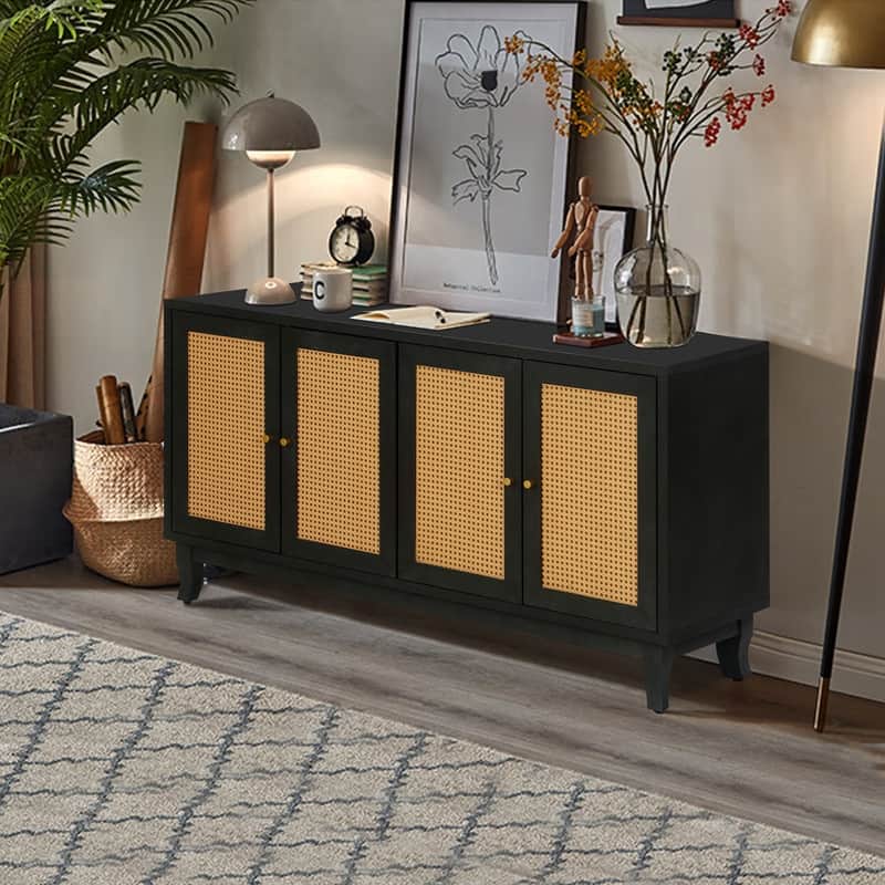 Accent Storage Cabinet, Boho Rattan Sideboard Buffet with 4 Adjustable Shelves, Console Table for Hallway, Living Room, Bedroom