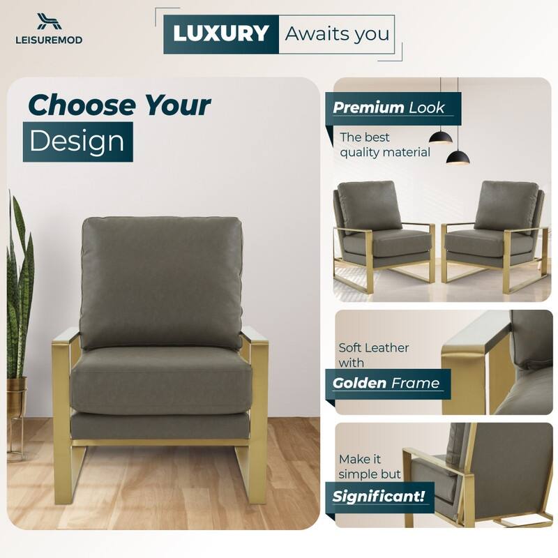 Jefferson Contemporary Leather Accent Armchair with Brushed Gold Base, Removable Cushions, and Durable Spring-Supported Seat