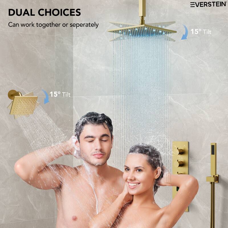 Digital Thermostatic Shower System Faucet Set 12" and 6" Temperature-Sensitive LED Rain Shower Head with Handheld Spray