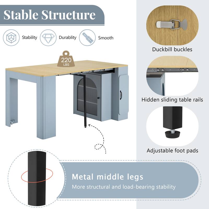 Extendable Dining Table with 3 Removable Middle Leaves,Mobile Rolling Table with Power Outlet,Saving-space Cabinet with Storage