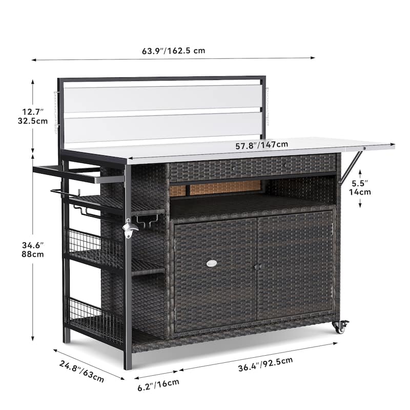 Outdoor kitchen cabinet Rolling Cart Bar Table Stainless Steel Extended - 57.8"L x 47.3"W x 24.8"H