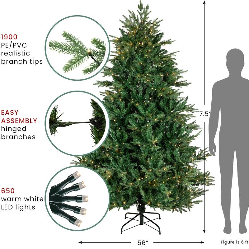 7.5' Juniper Pine Artificial Christmas Tree, Warm White LED Lights - 7.5 Foot