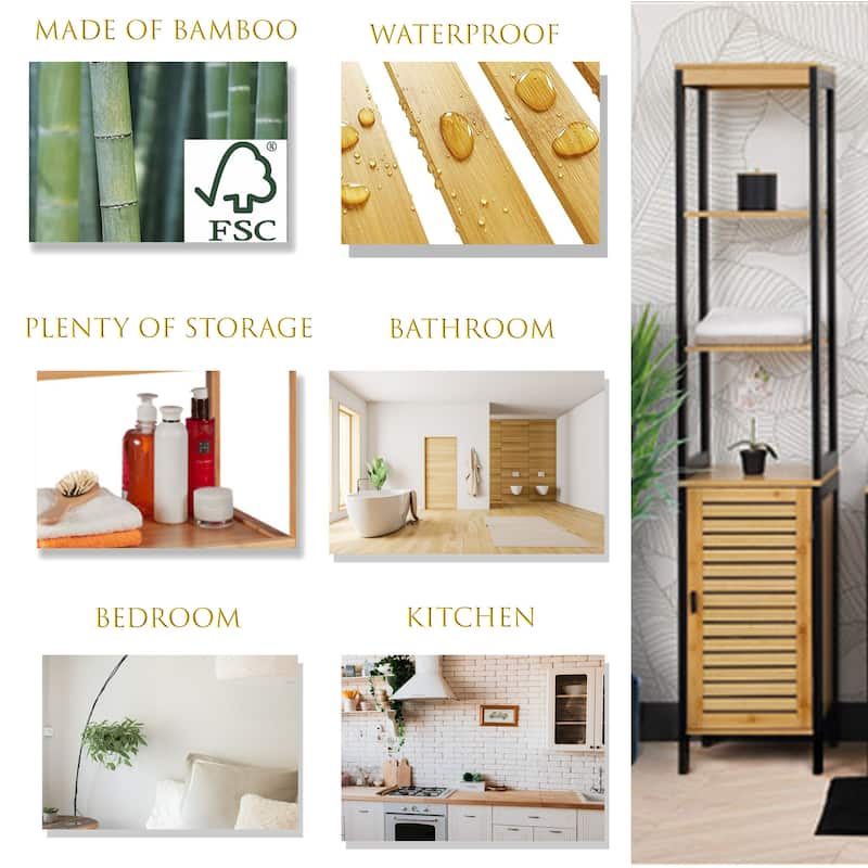 Natural Slim Storage Cabinet with Shelves, Modern Black Frame - 13.4"L x 12"W x 68"H