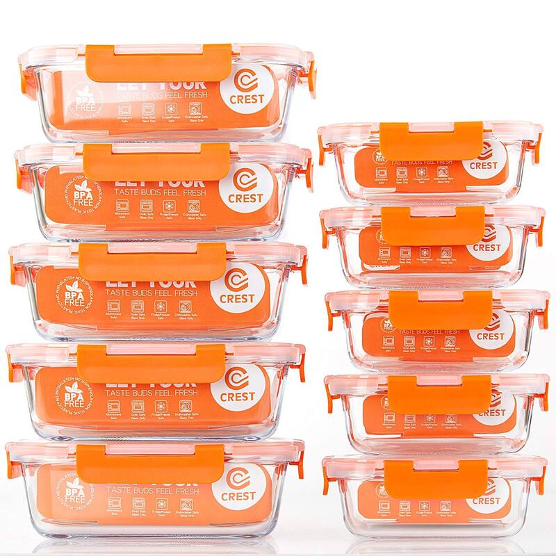 [10-Pack] Glass Food Storage Containers - Food Prep Containers with Lids - Microwave, Oven, Freezer and Dishwasher Safe - Orange