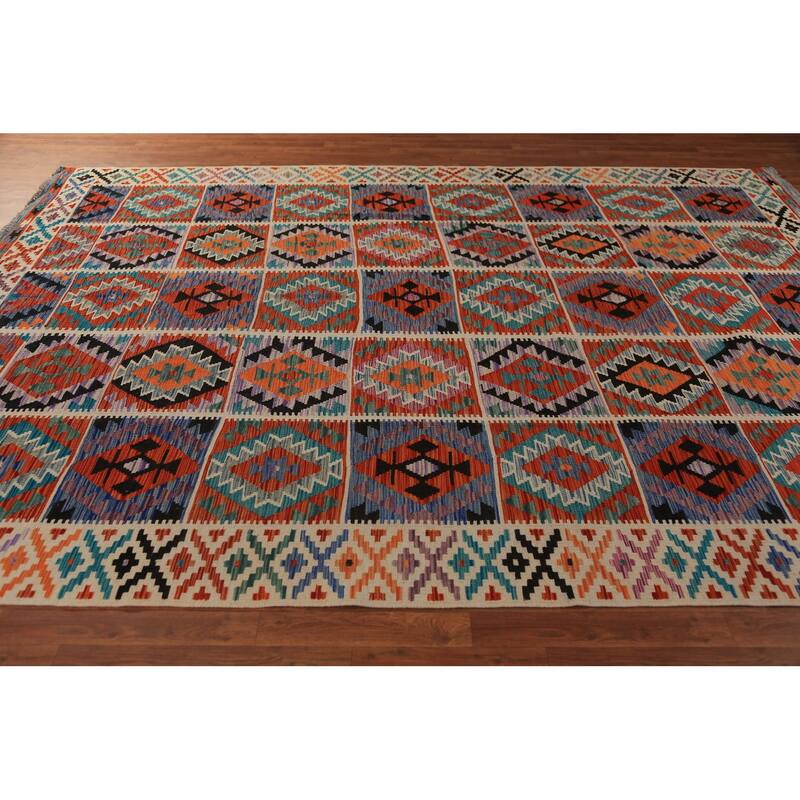 Geometric Kilim Oriental Area Rug Hand-Woven Multi-Color Wool Carpet - 8'4"x 11'6"