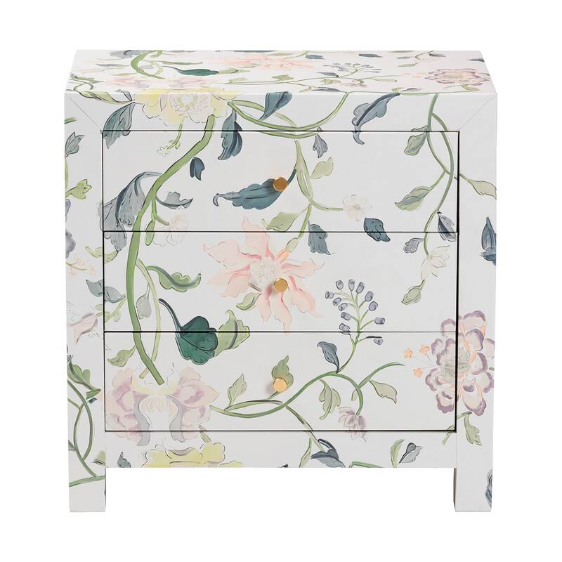 Connery Floral End Table - 3-Drawer Decorative Accent Storage Cabinet