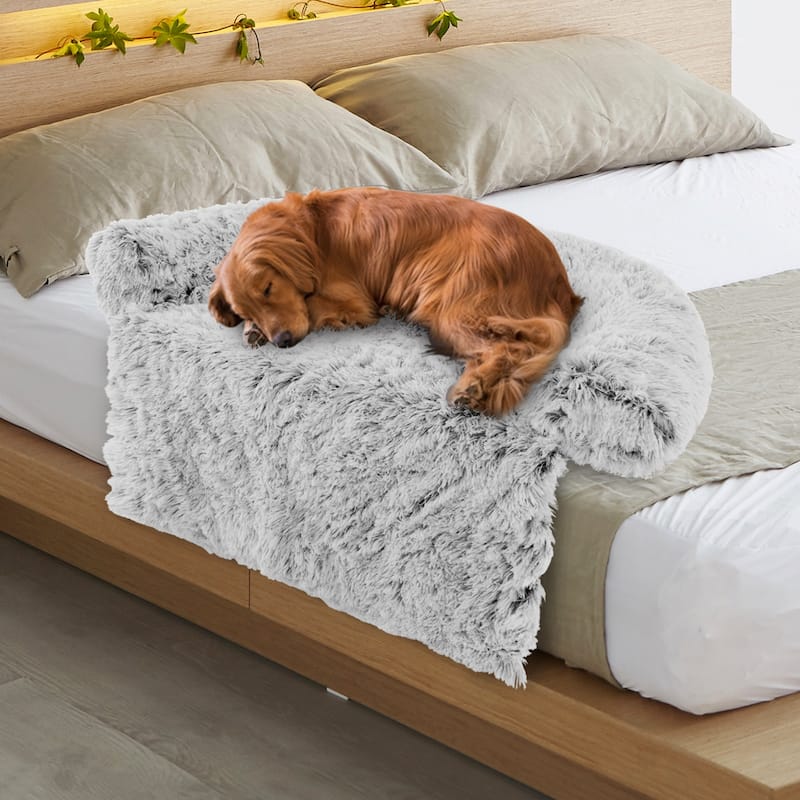 White-Grey Plush Calming Dog Couch Bed with Anti-Slip Bottom