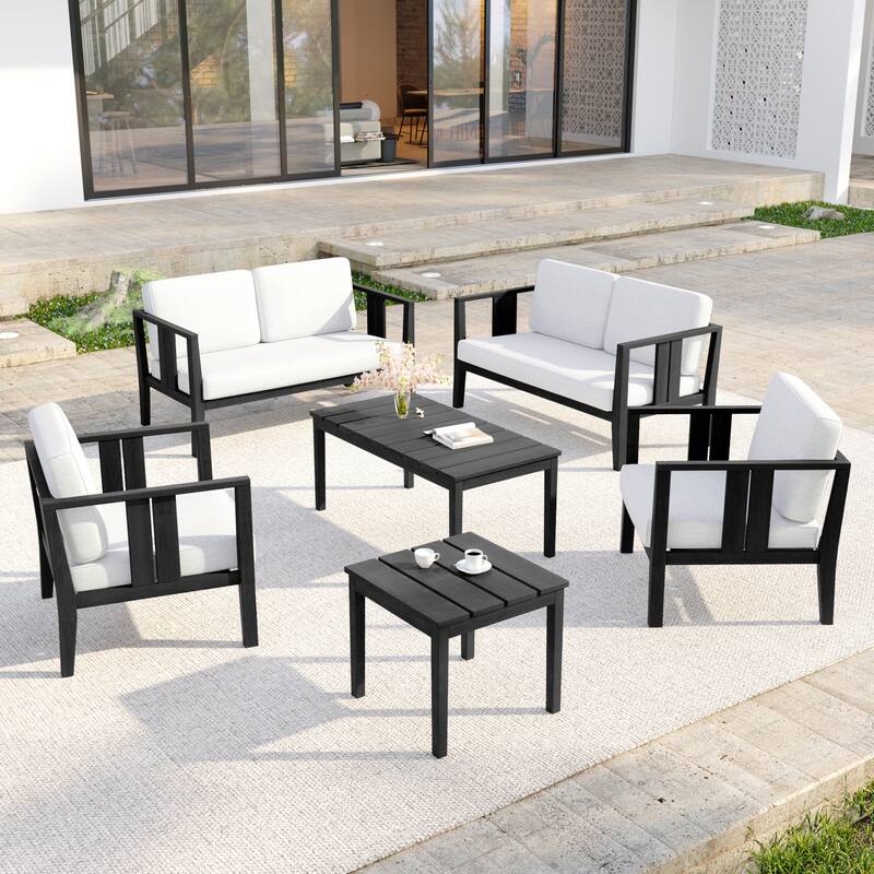Casual 6-Piece Outdoor Patio Furniture Set In Solid Teak Wood - Dark Wood - Beige