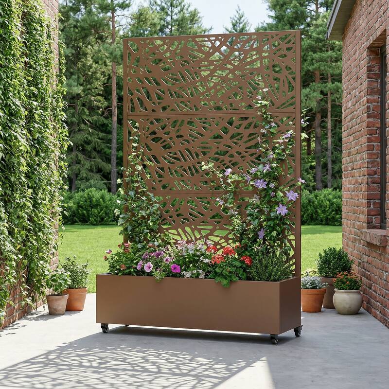 Metal Galvanized Planter Box with Trellis Privacy Screen Lockable Wheels
