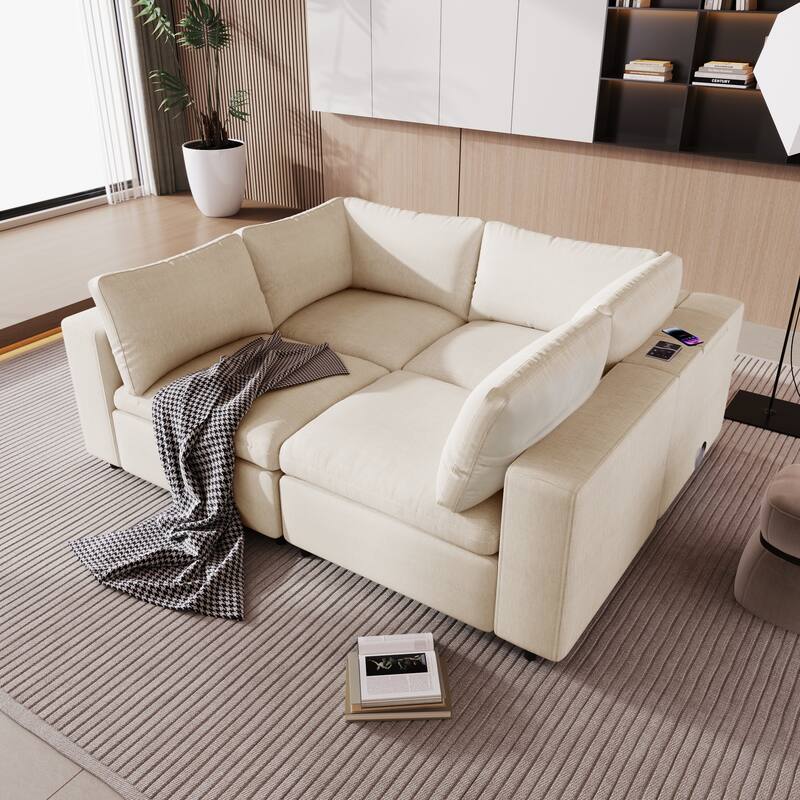 4-Seater Upholstered Modular Sofa with USB Ports & Wireless Charging for Livingroom Polyester Convertible Sofa - Beige