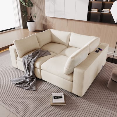 4-Seater Upholstered Modular Sofa with USB Ports & Wireless Charging for Livingroom Polyester Convertible Sofa
