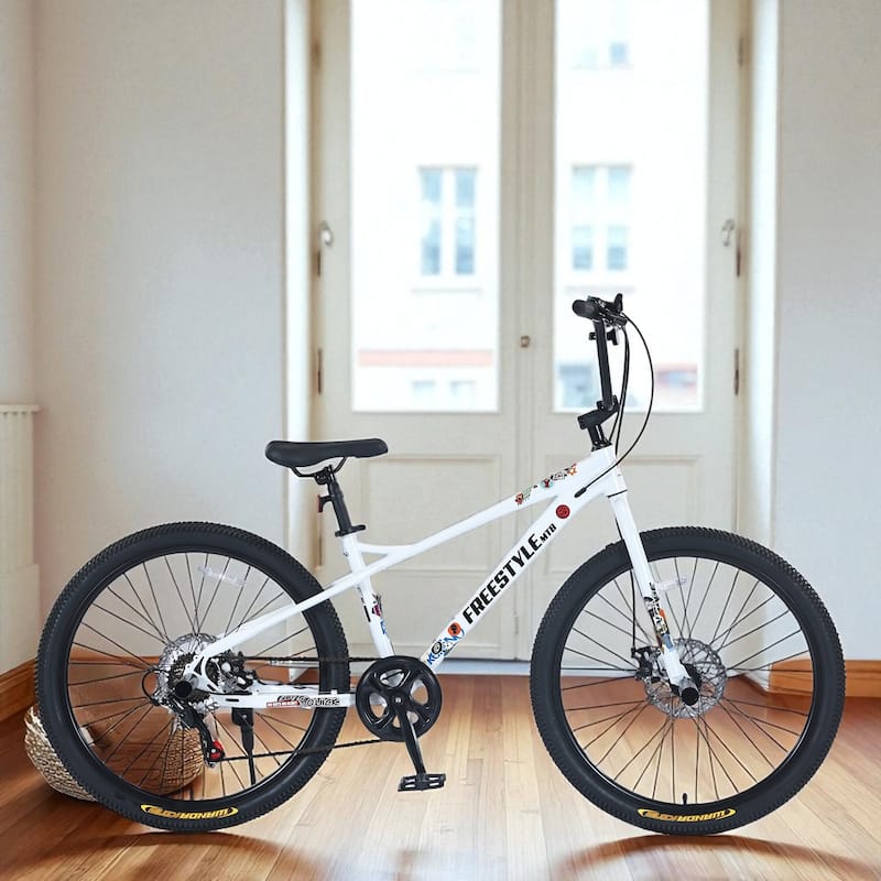 26 Inch Kids Freestyle Mountain Bike, Boys & Girls 12+, Shimano 7-Speed Steel Frame with Dual Disc Brakes