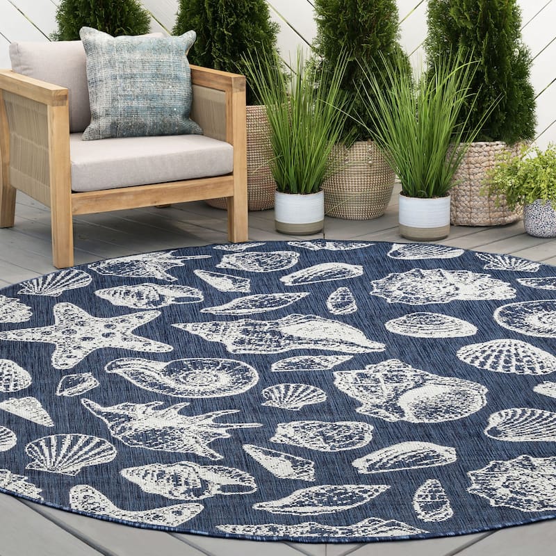 Exo Coastal Graphic Print Indoor/Outdoor Area Rug - 7'10'' Round - Navy