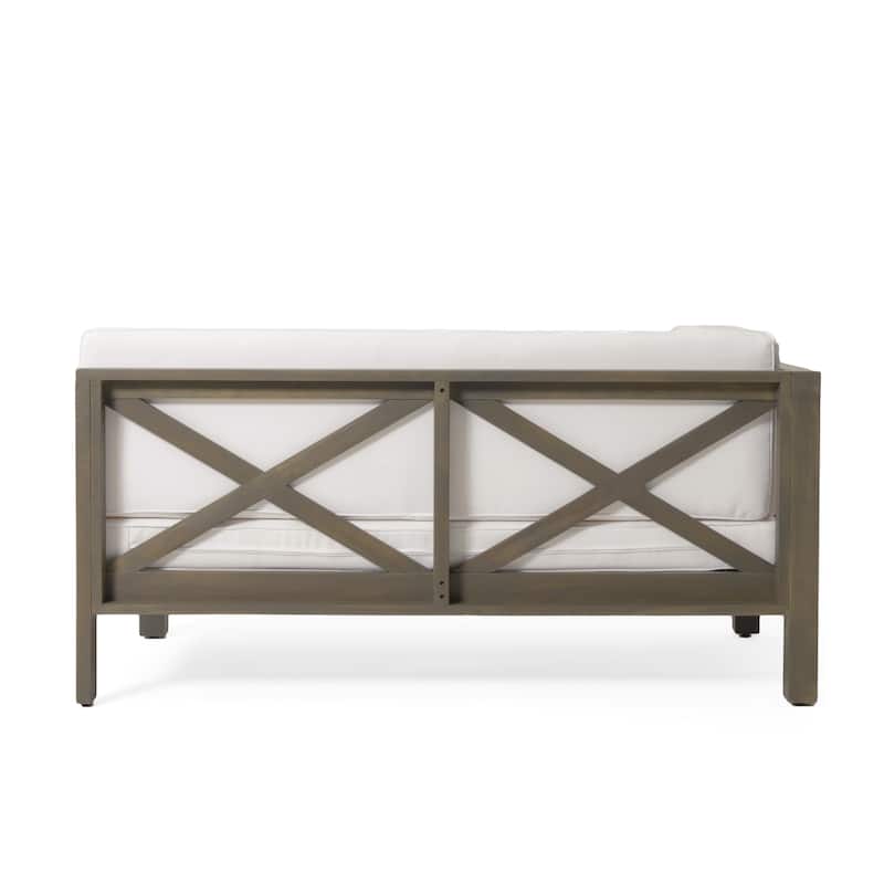 Roomfitters Outdoor Sectional Sofa Left Corner Bench with X-Back Acacia Wood Frame and Cushions