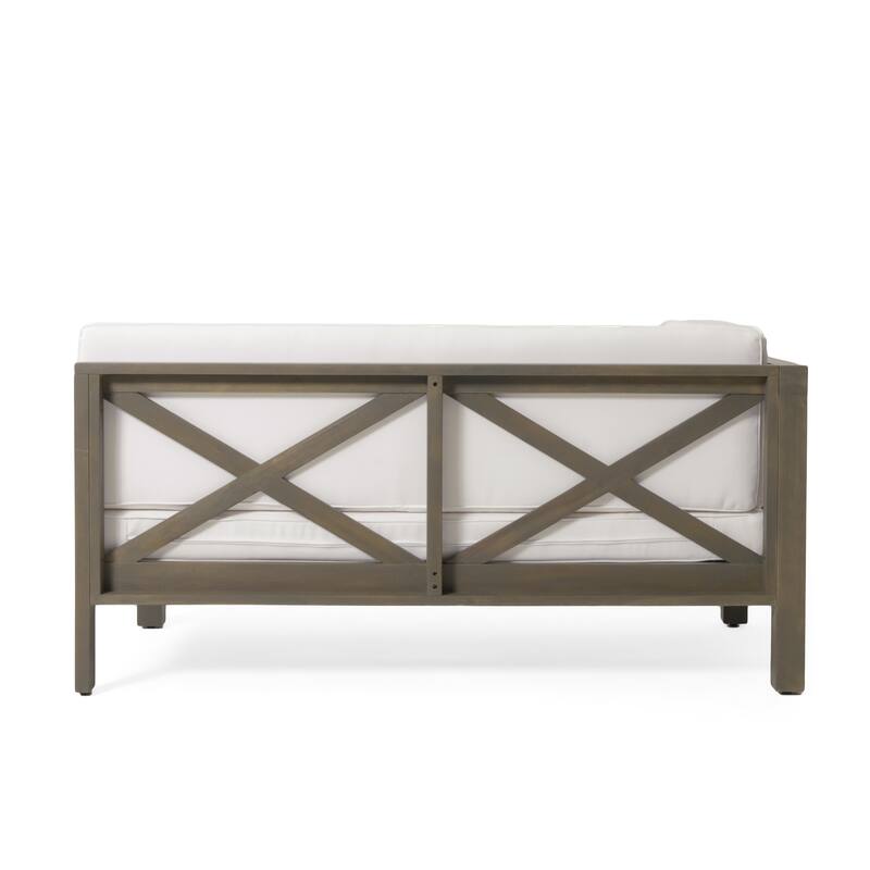 Roomfitters X-Back Corner Bench with Coffee Table, Outdoor Wooden Patio Sofa with Cushions for Garden or Porch