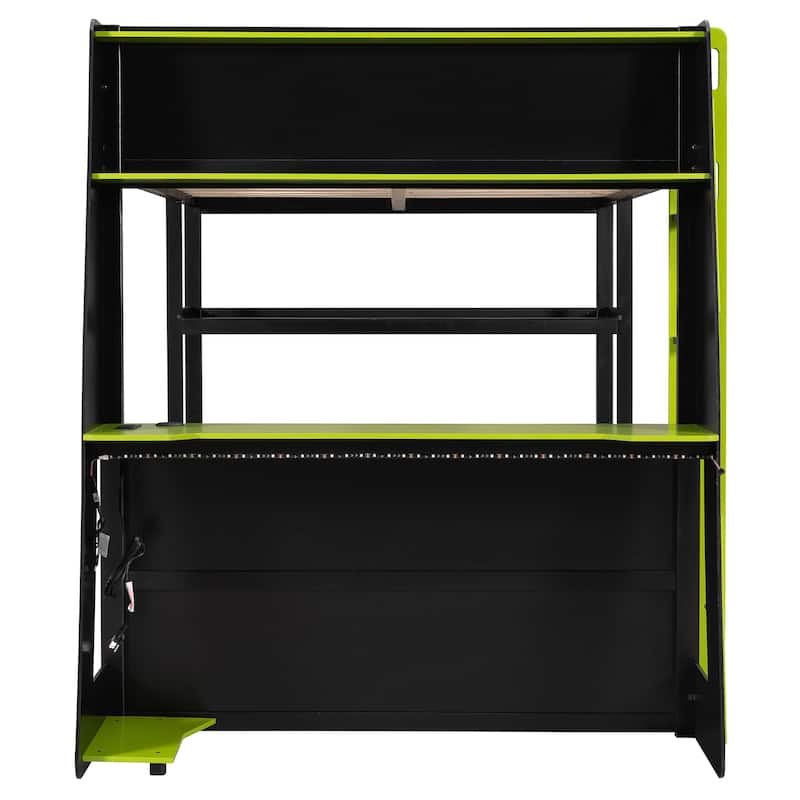 Full Size Gaming Loft Bed Station with Desk, Storage Shelves & RGB LED Lights