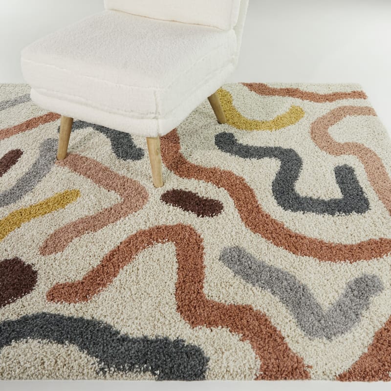Duret Abstract Lines Contemporary Shag Area Rug - 6'7" x 9' - Cream