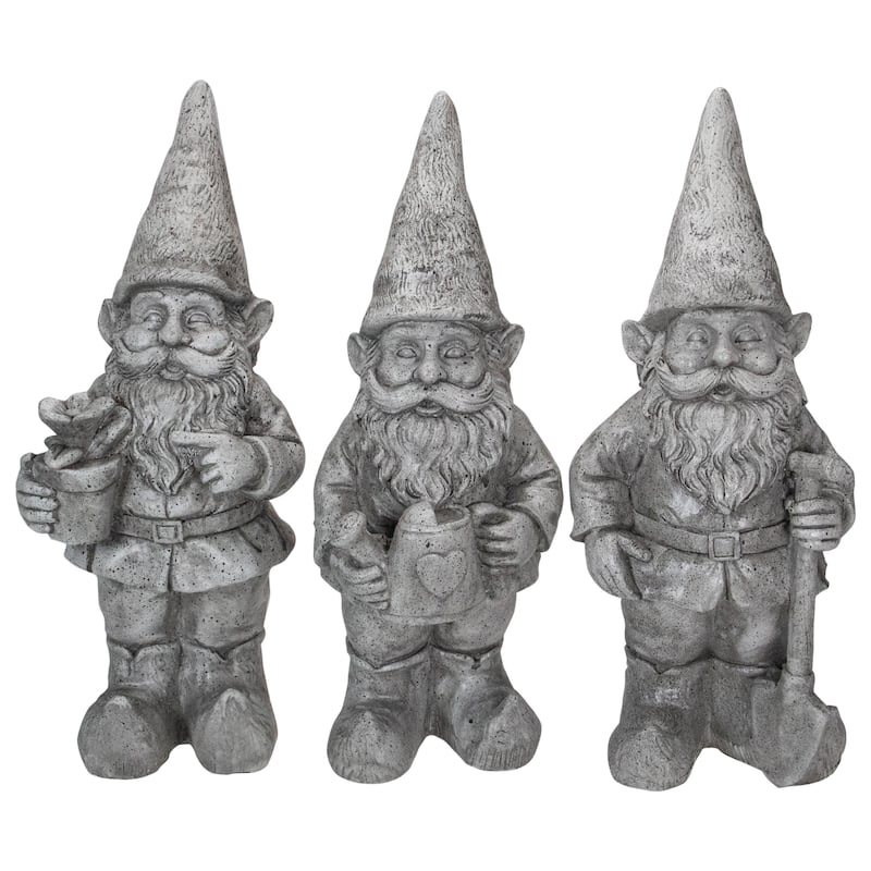 Set of 3 Gray Gardening Garden Gnomes Outdoor Statues 15.75"