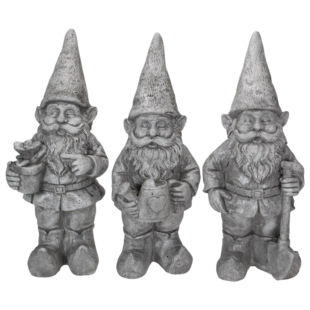 Set of 3 Gray Gardening Garden Gnomes Outdoor Statues 15.75"