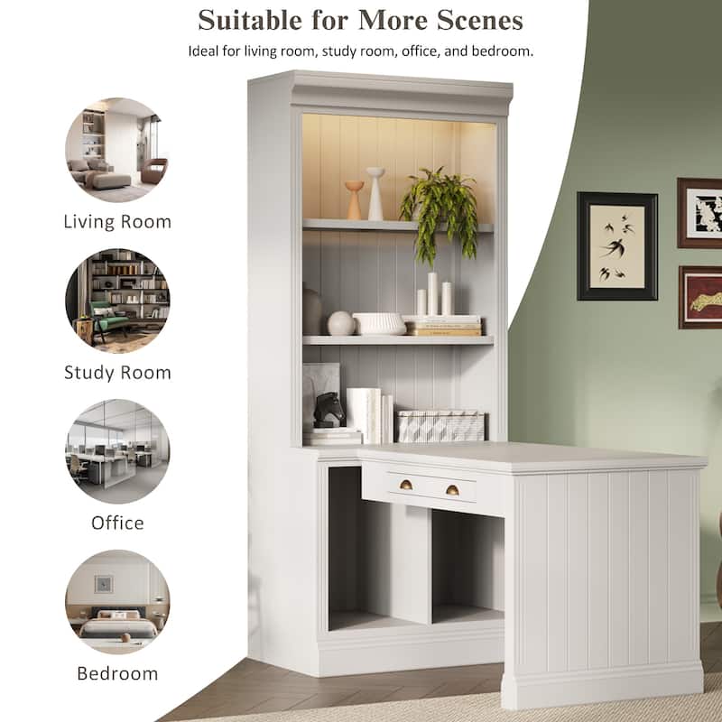 Computer Desk with Open Shelves & LED Lighting, Workstation with Storage Shelf, Freestanding Wood Executive Desk