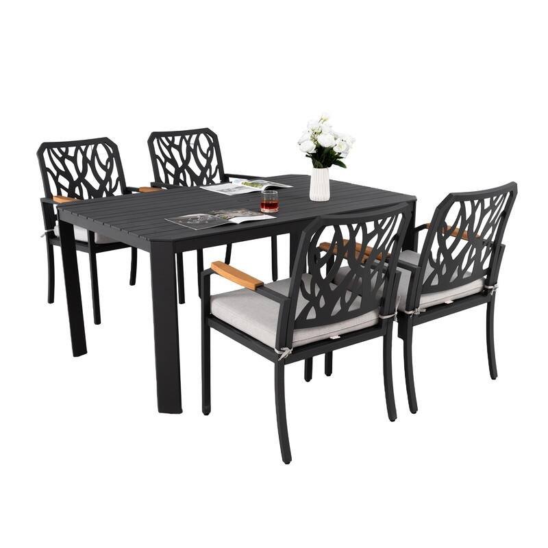 5-Piece Outdoor Aluminum Dining Set - Modern Patio Furniture With Sunbrella Cushions & Nature-Inspired Branch Design - Bourbon Brown