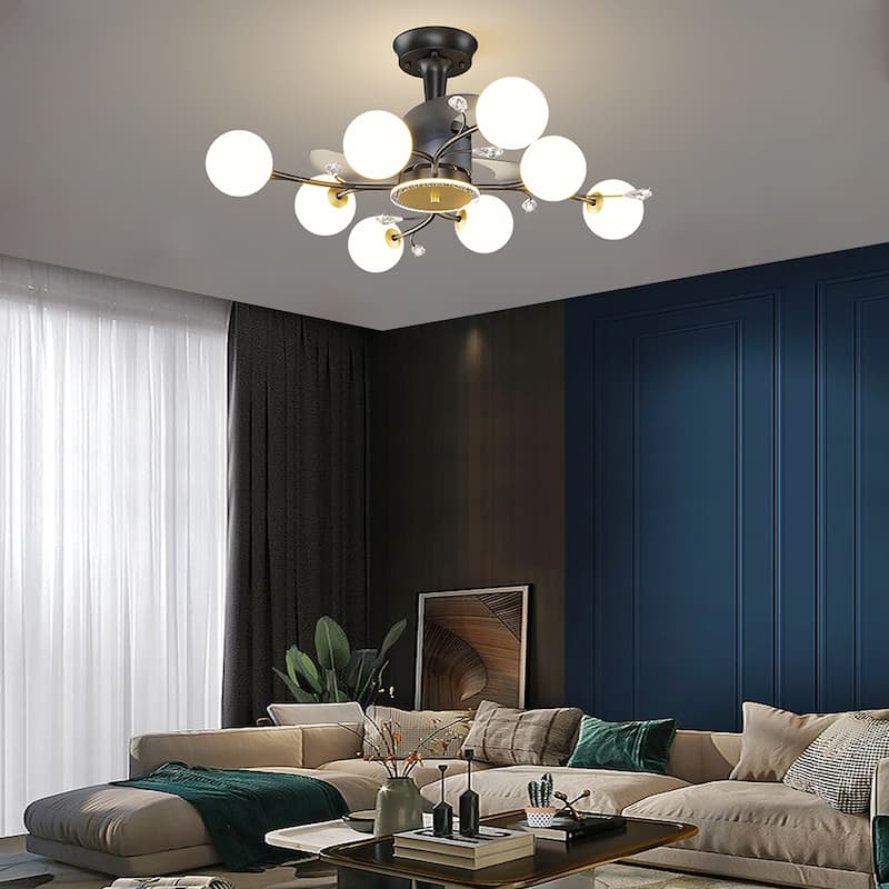 Ceiling Fan with Milky Glass Globe Shade, Modern Low Profile Reversible Fandelier for Bedroom