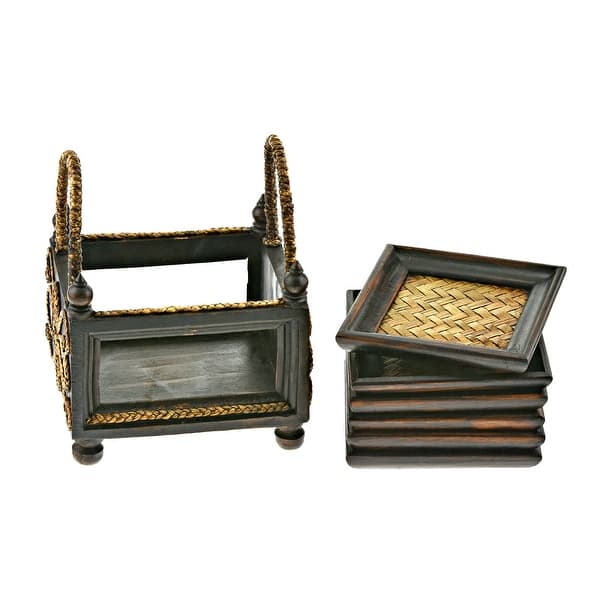 Handmade Stylish Hand Carved Square Rain Tree Wood And Rattan 6 Piece Coaster Set Thailand Brown Overstock 31925587