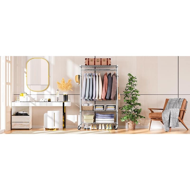 Heavy Duty Rolling Garment Rack with Wheels, 3-Tier Adjustable Wire Shelving, Clothes Rack with Rods & Side Hooks