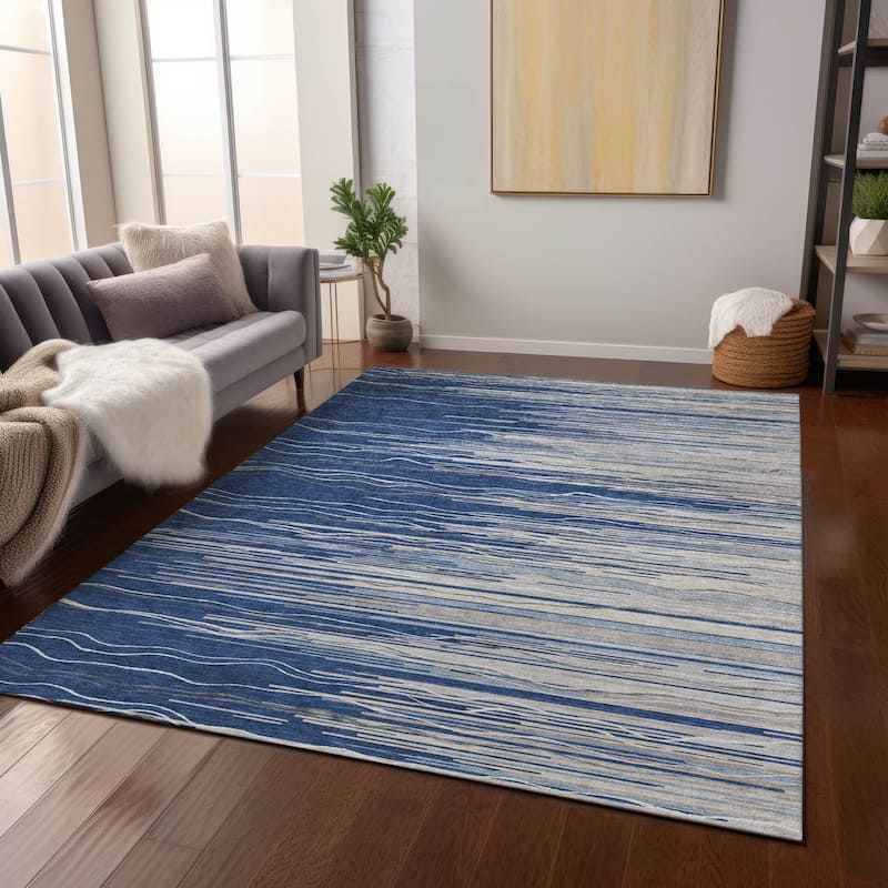 Machine Washable Indoor/ Outdoor Modern Stripe Chantille Rug - Navy - 10' x 14'