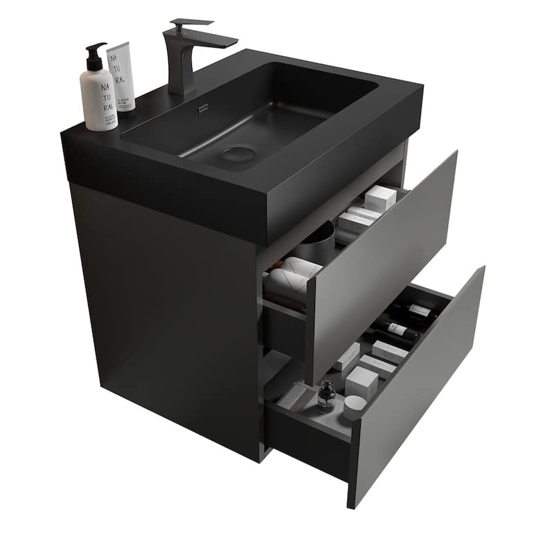 24"Bathroom Vanity with Sink,Storage Wall Mounted Floating Bathroom Vanity,One-Piece Black Sink Basin without Drain and Faucet