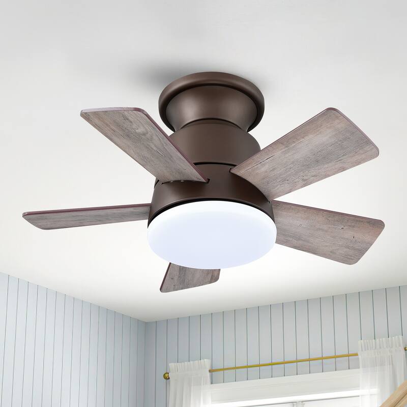 24" Oil-rubbed Bronze Wood Dimmable Flush Low Profile Ceiling Fan Light with Remote
