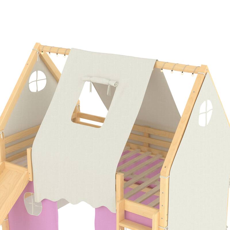 Fairytale Loft Bed Wooden House Bed with Tents, Light Strip and Slide