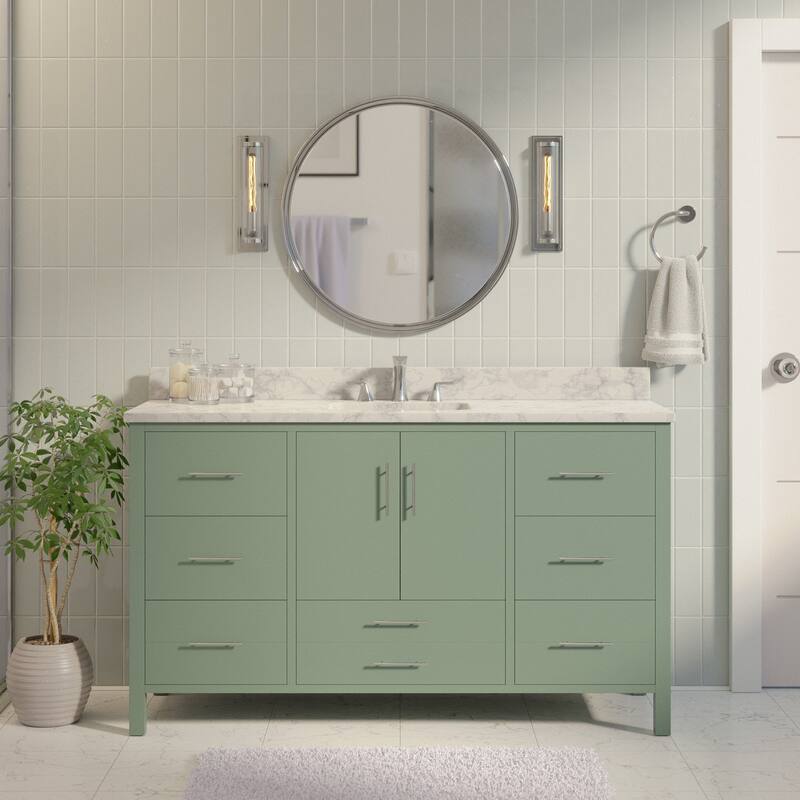 KitchenBathCollection California 60" Single Bathroom Vanity with Carrara Marble Top - Sage Green