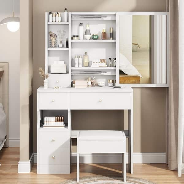 white christmas dresses 3 In 1 Vanity Desk With Plip Top Mirror,Small Make Up Vanity Set With main image 1