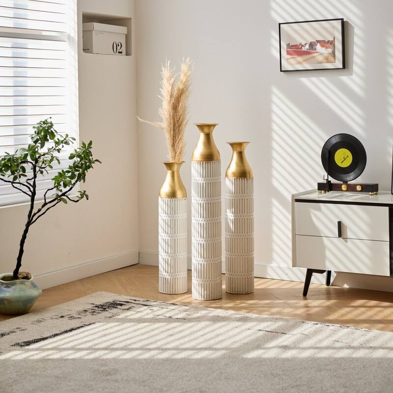 Set of 3 Tall White & Gold Metal Cylinder Vases - Glam Geometric Floor Vases for Modern Home Decor (24", 28.7", 33.4" Heights)