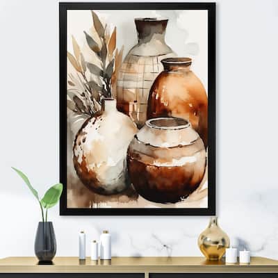 Designart "Brown And Cream Earthen Elegant Vase I" Boho Pottery Framed Wall Art Prints